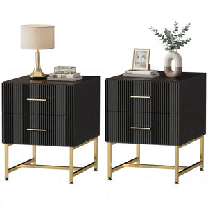 Set of 2 bedside tables with fluted drawers and metal frame – Black and gold