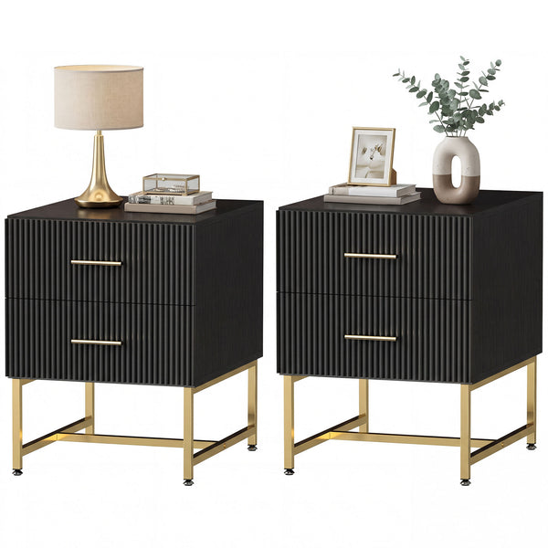 Set of 2 bedside tables with fluted drawers and metal frame – Black and gold