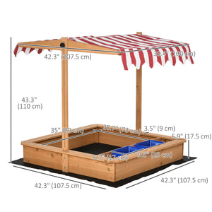Wooden sandbox with height-adjustable lid, floor liner, seat and plastic trays