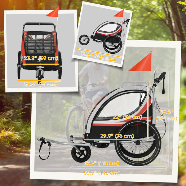 3-in-1 2-seater bike trailer with 5-point harness, red