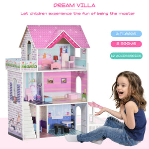 2.9ft Kids Wooden Dollhouse with Furniture, Pink