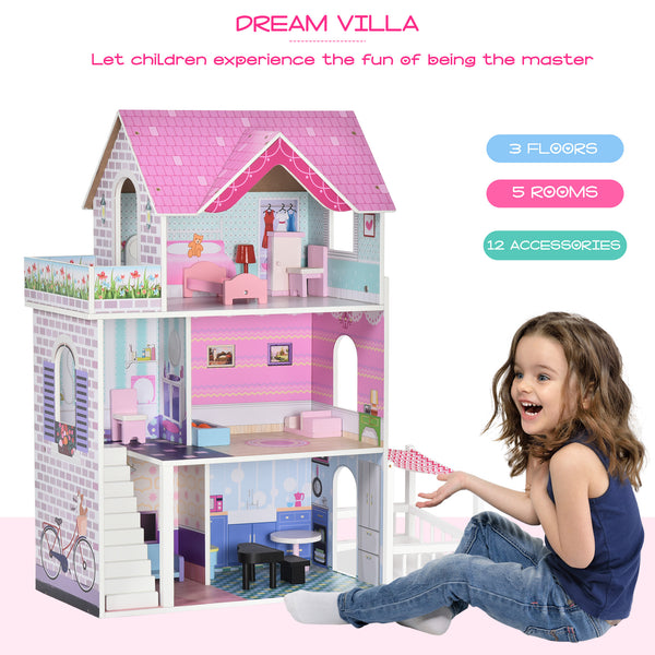 2.9ft Kids Wooden Dollhouse with Furniture, Pink