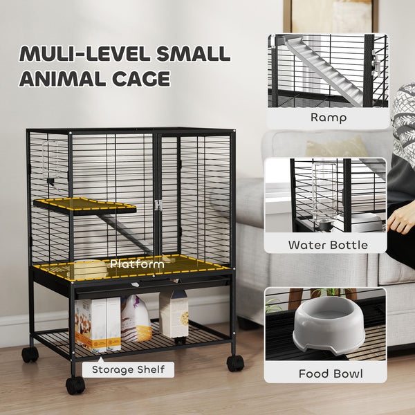 Rolling Cage for Small Animals with Removable Tray and Storage Shelf, Black