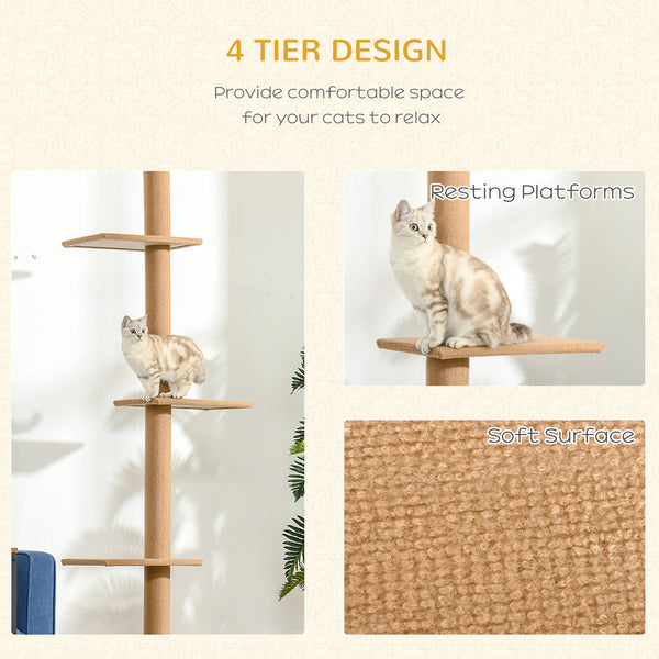 254cm Floor-to-Ceiling Cat Tree with 3 Perches, Light Brown