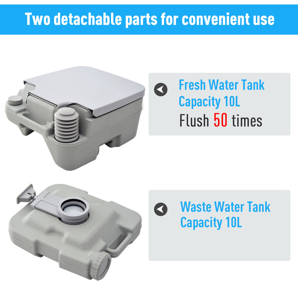Portable travel toilet with flushable water tank, 10 liters 