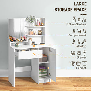 Dressing table with mirror and stool, storage drawer, white
