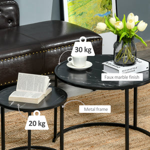 Set of 2 Modern Round Coffee Tables with Faux Marble Top and Metal Frame, Black