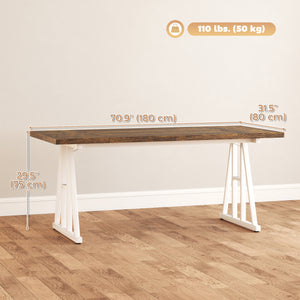 Farmhouse style kitchen table for 8 people, rectangular with thick top and steel trestle legs, brown and white