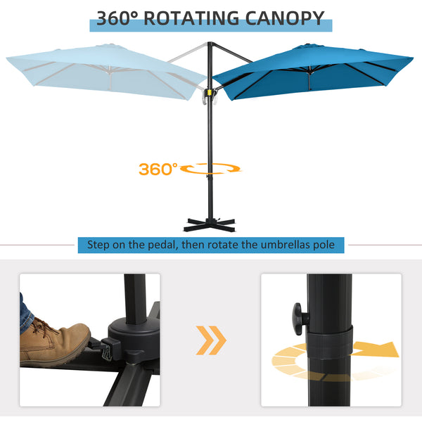 8-foot square cantilever parasol with 360° rotation, made of aluminum, turquoise