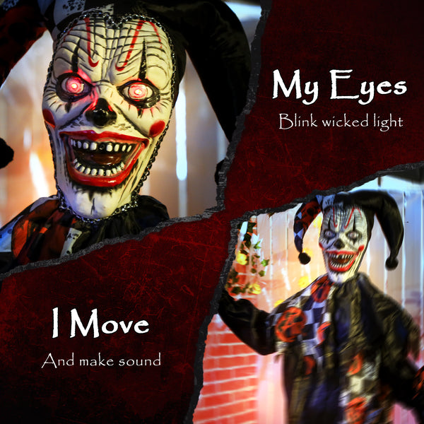Life-size animated clown, glowing red eyes, sound-activated scary Halloween decorations
