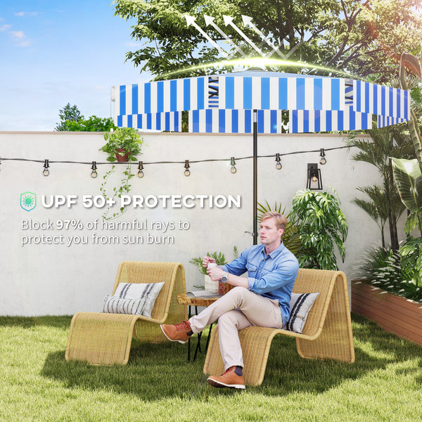 8.7-foot tilting parasol with crank and vent, blue and white 