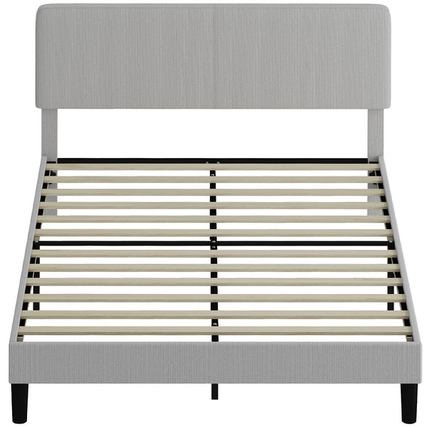 Queen size bed frame with adjustable upholstered headboard, wooden slatted base, quiet, light grey
