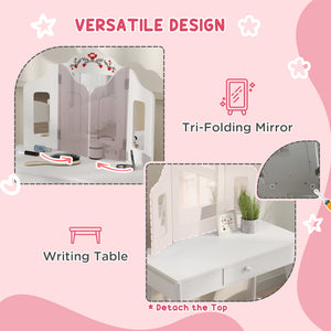 Dressing table with removable three-panel mirror and drawer, white