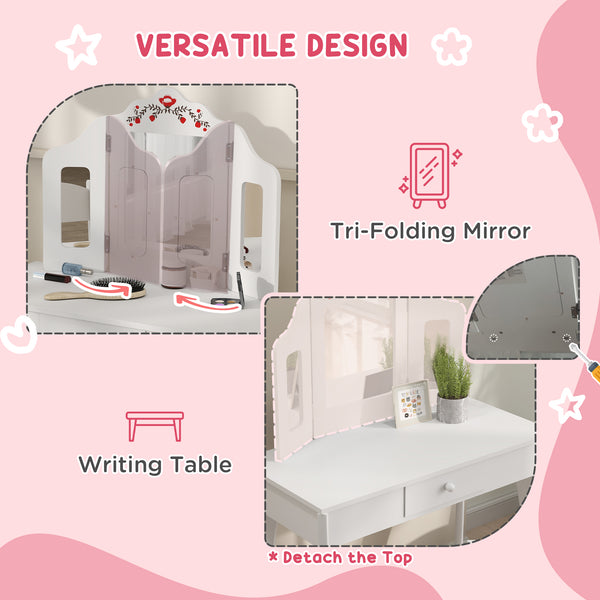 Dressing table with removable three-panel mirror and drawer, white