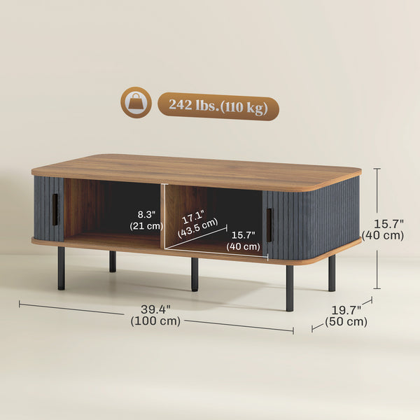 Coffee table with storage and fluted sliding doors – Black and walnut