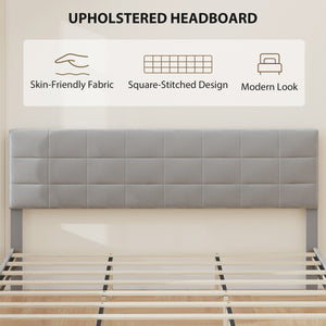 King size bed frame with upholstered headboard and wooden slats, gray