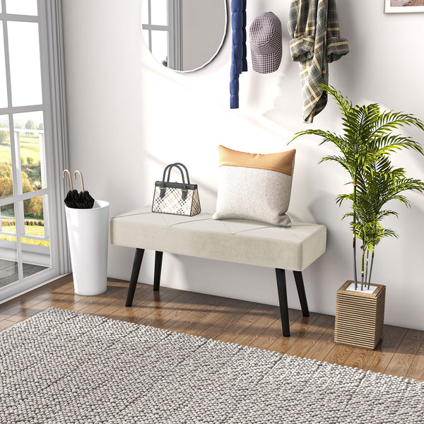 Modern upholstered bedroom bench with steel legs, cream white