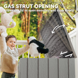 Large capacity outdoor storage box with lockable lid and gas struts.