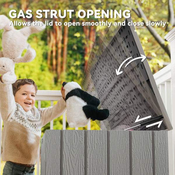 Large capacity outdoor storage box with lockable lid and gas struts.