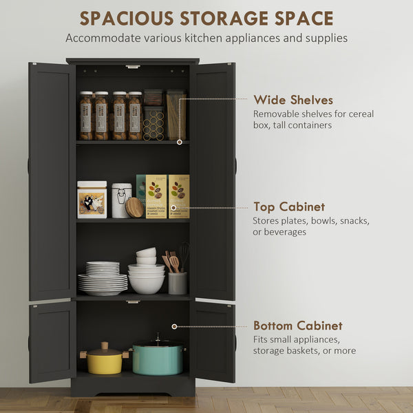 Tall black storage cabinet with 4 doors and adjustable shelves