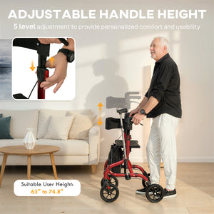 Foldable rollator walker with seat for seniors, lightweight with wheels and adjustable handles, red
