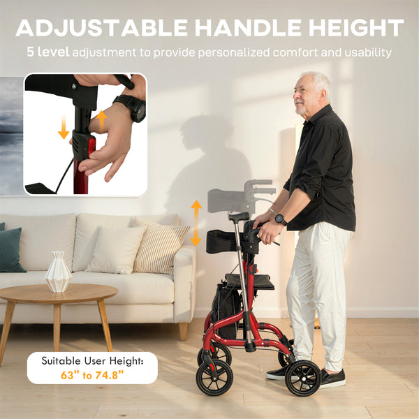 Foldable rollator walker with seat for seniors, lightweight with wheels and adjustable handles, red