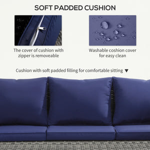 6 Piece Wicker Furniture Set with Cushions, 7 Seater Rattan Garden Sofa with Storage Table, Navy Blue