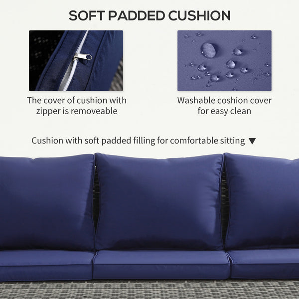 6 Piece Wicker Furniture Set with Cushions, 7 Seater Rattan Garden Sofa with Storage Table, Navy Blue