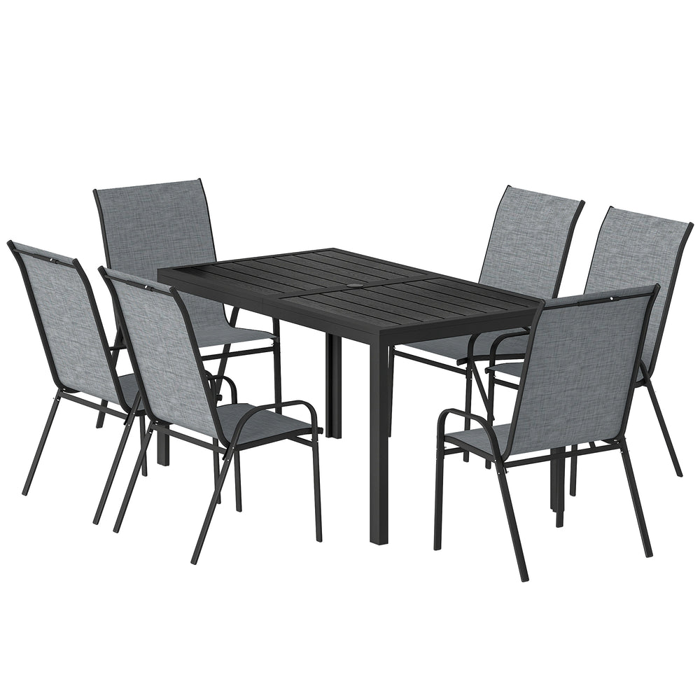 6-seater outdoor dining set, mesh stacking chairs with parasol hole, grey