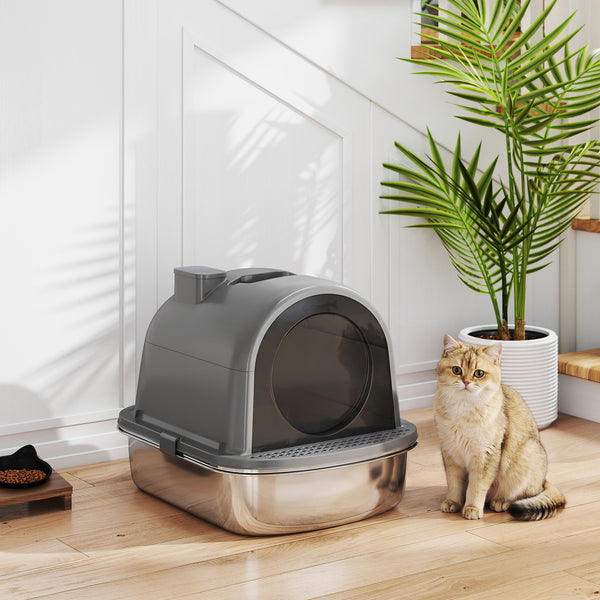 Closed stainless steel litter box, dark gray