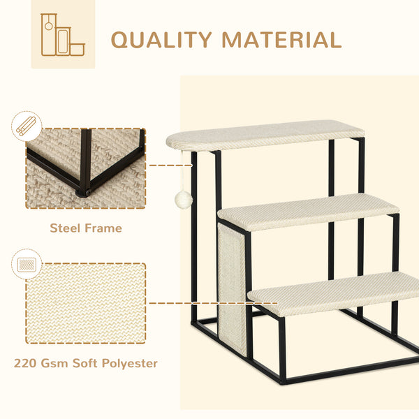 20" 3 Steps Cat Stairs, Carpeted Ladder Ramp, Pet Steps with Scratching Board and Hanging Ball for Small Cats, Steel Frame, Cream White