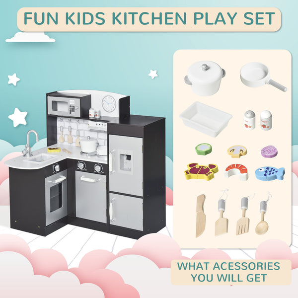 Kids' Kitchen with Water Fountain, Microwave and Accessories, Dark Brown