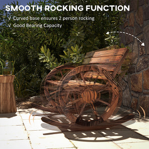 Two-seater outdoor wooden rocking bench with wagon wheel shaped armrests
