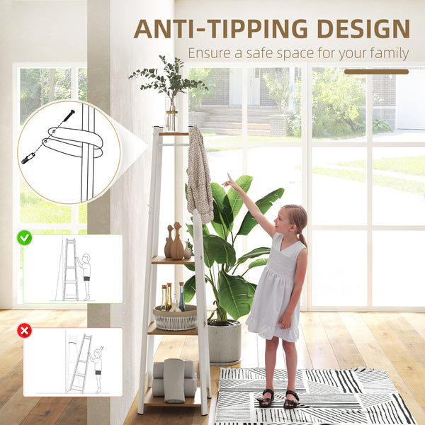 Storage shelf with 8 hooks and 3 levels, coat rack for bedroom, entrance, oak