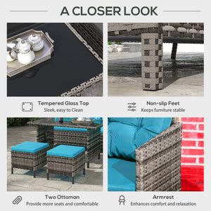 6 Piece Outdoor Rattan Sofa Set with Dining Table and Chairs Sky Blue