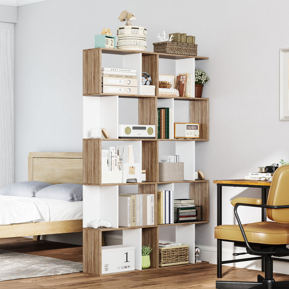 5-Tier Geometric Bookcase with Divider, White