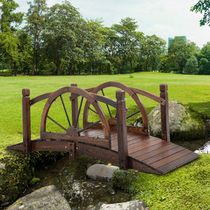 Wooden garden bridge, decorative arched walkway with safety railing 