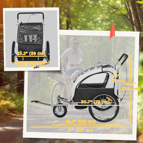 2-in-1 bike trailer with 5-point harness, rubber wheels, storage bag, black