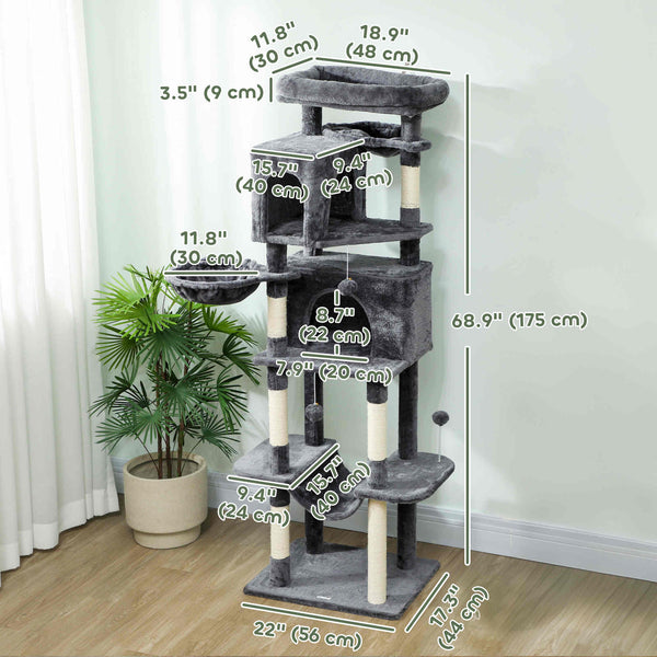 69-inch Multi-Level Cat Tree with 2 Condos, Plush Perch and Scratching Posts, Dark Gray