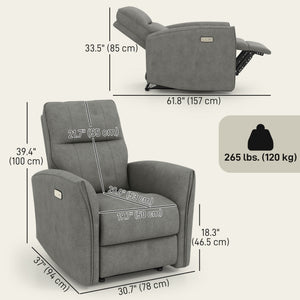 Electric reclining chair, fabric upholstery, USB ports, footrest, grey