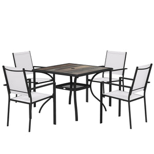 5-piece outdoor dining set, including a table and 4 stackable chairs with a parasol hole and shelf.