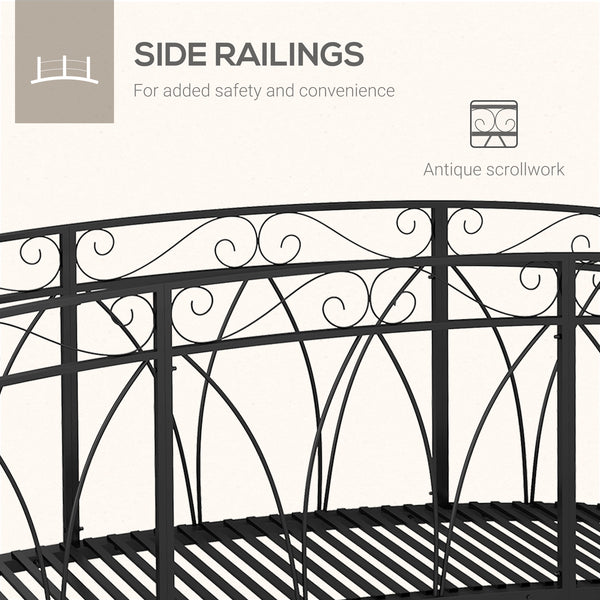 Metal garden walkway with railing and decorative scrolls, black