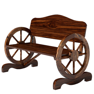 Two-seater wooden outdoor bench with wagon wheel shaped armrests