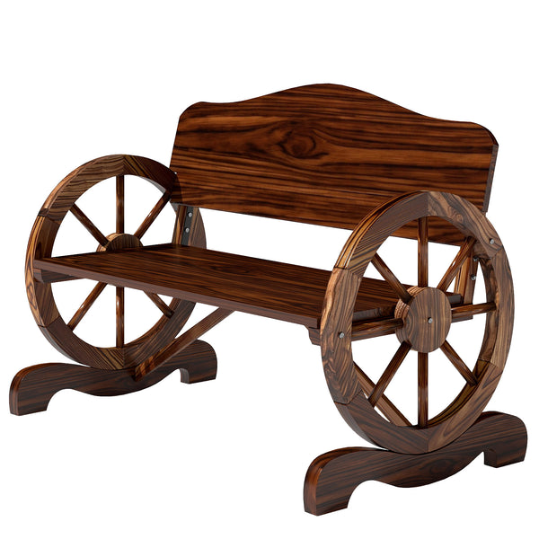 Two-seater wooden outdoor bench with wagon wheel shaped armrests