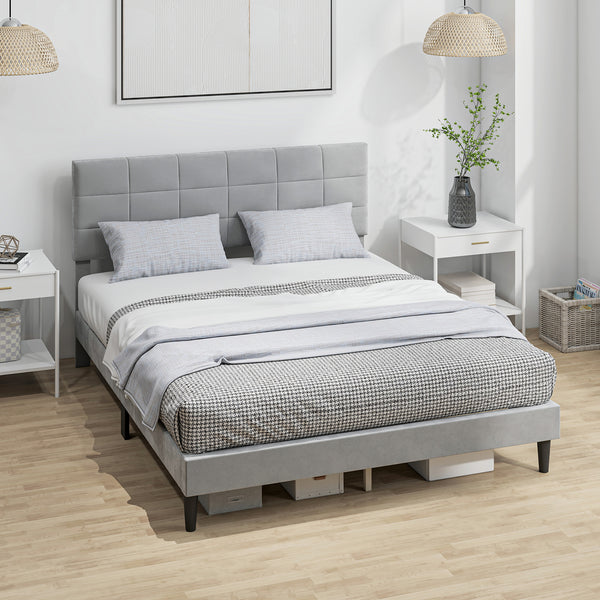Queen Size Bed Base with Upholstered Headboard, Gray
