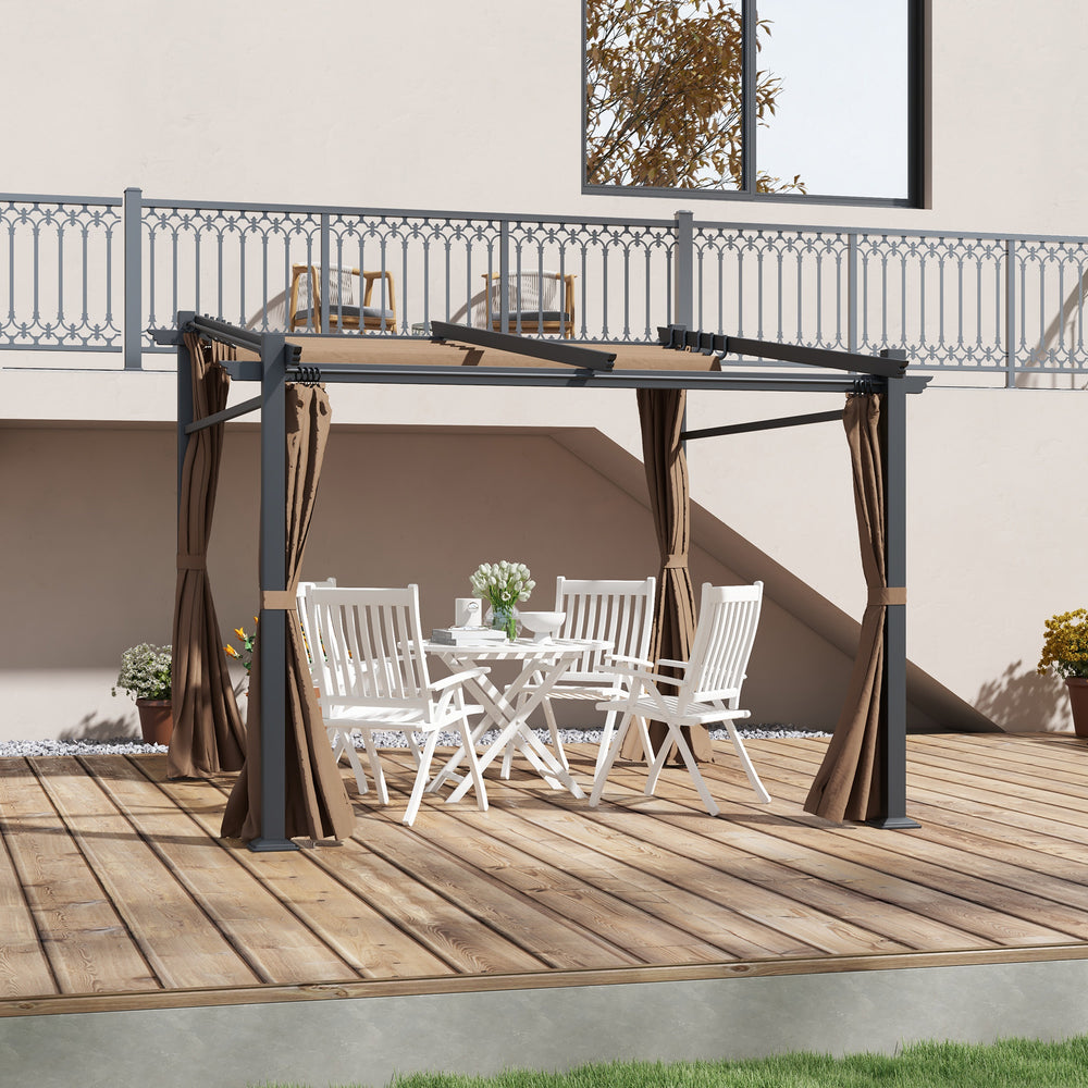 10 x 10 metal pergola with sliding and retractable roof, coffee color