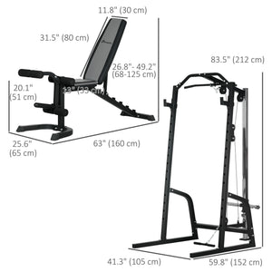 Multifunctional weight cage with adjustable bench, dumbbell bar and 15-level squat rack