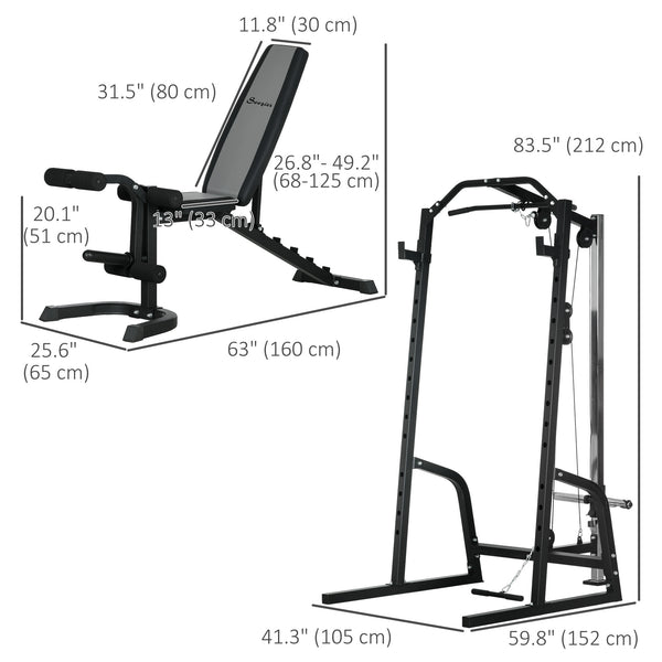 Multifunctional weight cage with adjustable bench, dumbbell bar and 15-level squat rack