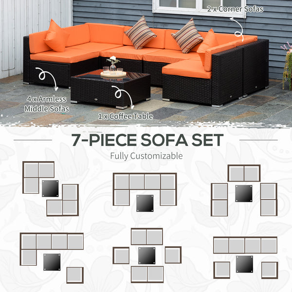 Modular 7-piece garden set in woven resin with coffee table, orange