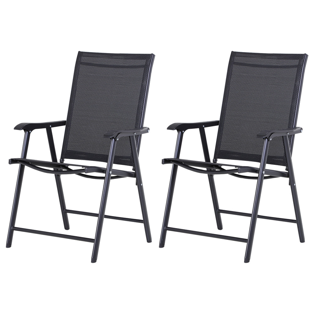 Deux chaises pliantes noires pour terrasse avec accoudoirs, design compact et confortable pour l'extérieur